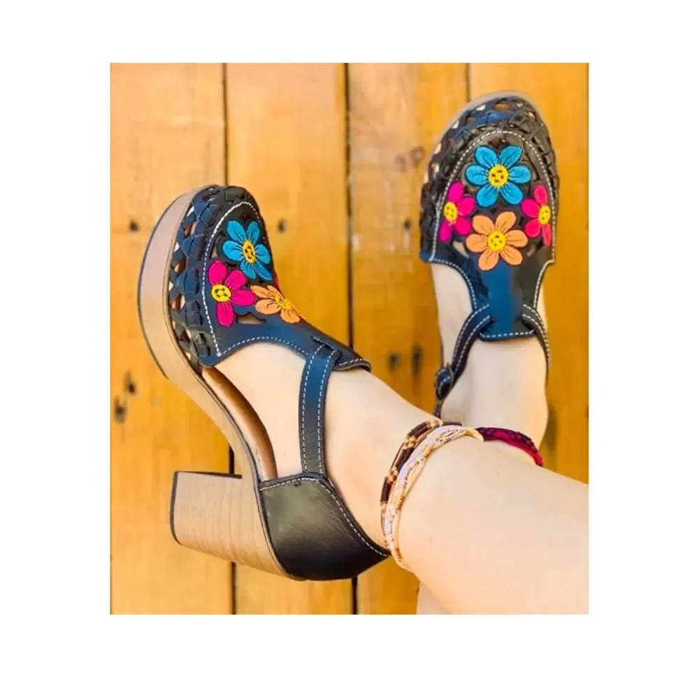 Mexican Heeled Black Sandals Huarache Genuine‎ Leather Floral Embroidered 8.5 M - Picture 3 of 9